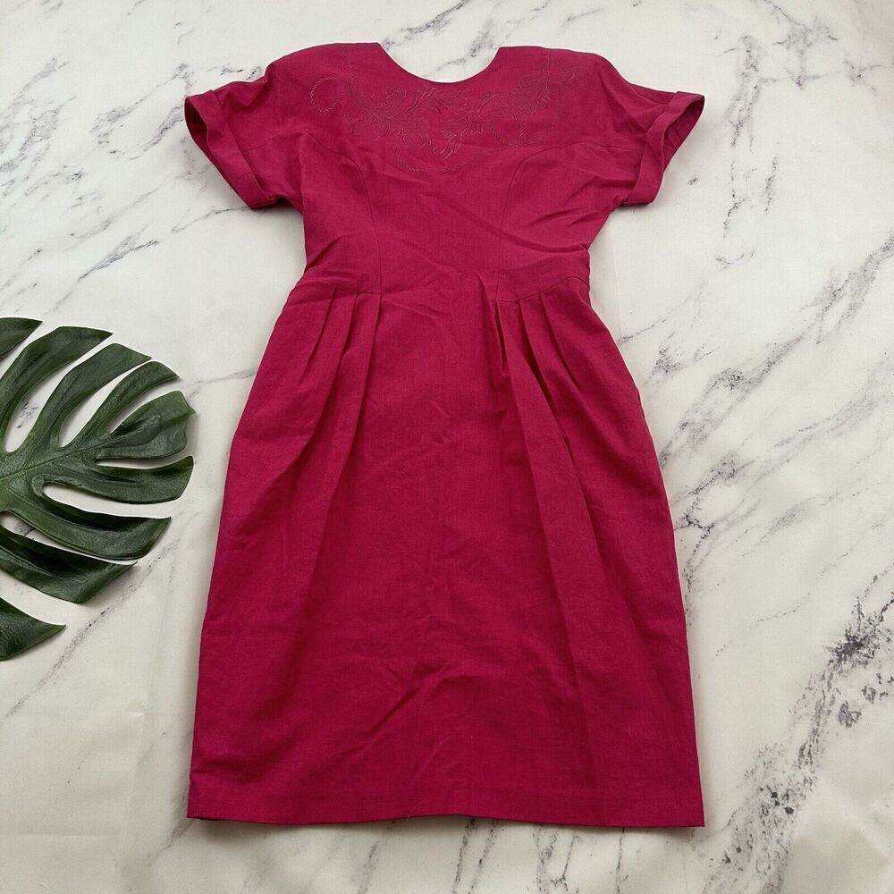 Nancy Johnson Womens Vintage 90s Sheath Dress Size 6 New Pink Linen Embroidered